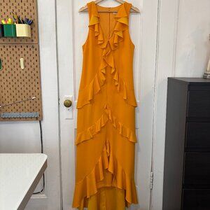 JEWEL Bradgley Mischka Women's Yellow Tiered Ruffle High Low Maxi Dress, Sz 10